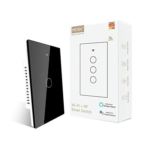 MOES WiFi Touch Wall Smart Switch Single Pole or 3 Way Multi-Control Association Glass Panel Smart Light Switch Work with Smart Life-Tuya App RF433 Remote Control Alexa and Google Home Black 1 Gang