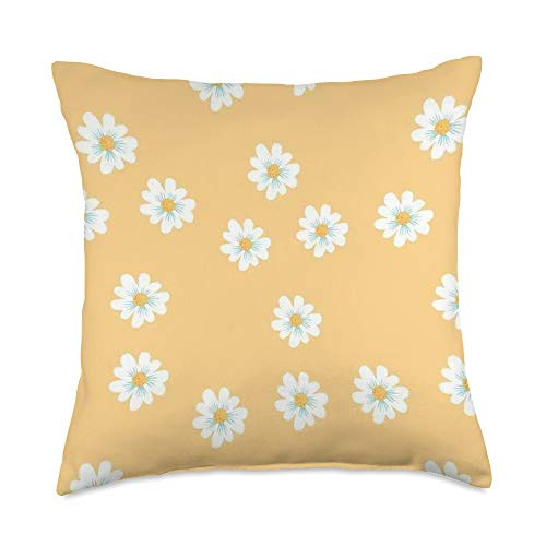 Beautiful Flowers in Sunshine Cute White Small Daisy on Yellow Background Throw Pillow 18x18 Multicolor