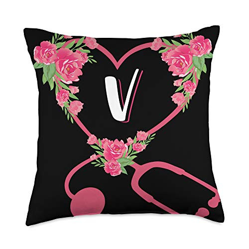 Health Care Nurse Initial Letter Nursing Gift Name Capital Heart Stethoscope Floral V Nurse Initial Letter Throw Pillow 18x18 Multicolor