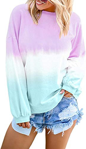 Womens Crewneck Sweatshirt Long Sleeve Tops Tie Dye Printed Colorblock Casual Loose Pullover Light Purple Medium