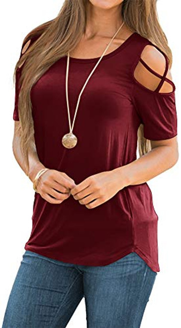 NILOUFO Womens Summer T Shirts Short Sleeve Tunic Strappy Cold Shoulder Tops-02-Wine Red Large- NILOUFO Womens Summer T Shirts Short Sleeve Tunic Strappy Cold Shoulder Tops-02-Wine Red Large-