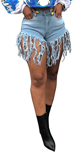 LaiyiVic Jean Shorts for Women Frayed Raw Hem Ripped High Waisted Denim Shorts Medium Light Blue