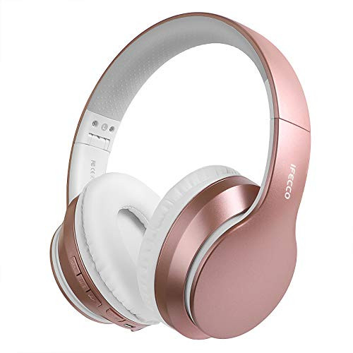 IFECCO Bluetooth Headphones with Mic Wireless Headset Over-Ear with Deep Bass Soft Protein Earpads Foldable Wired-Wireless HiFi Stereo Headphones for TV Travel Home Office -Gold-