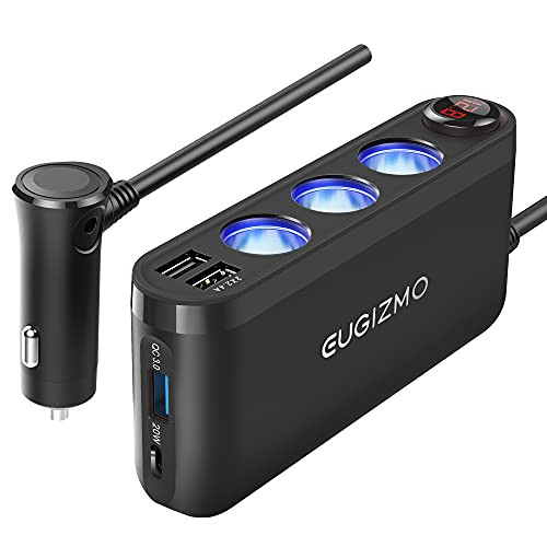 ?2021 NEW Version?Quick Charge 3.0 and USB C Charger 20W Car Cigarette Lighter Adapter 200W High Power 12V-24V Car Splitter with 3 Socket Car Cigarette Lighter Splitter with Multifunction Car Charger