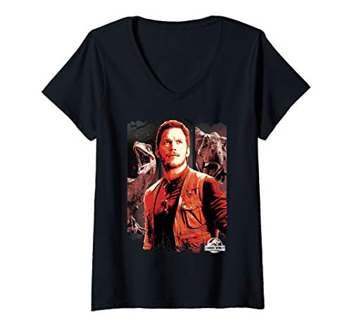 Womens Jurassic World 2 Owen and Dinosaurs Red Hue Panel Portrait V-Neck T-Shirt