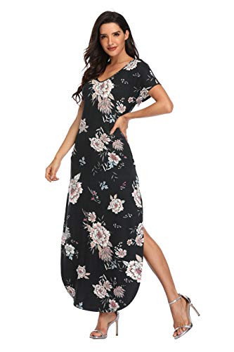 Women's Floral Maxi Dresses Short Sleeve Summer Beach Dress Casual Loose V Neck Side Split Long Dress with Pockets Black Penoy S