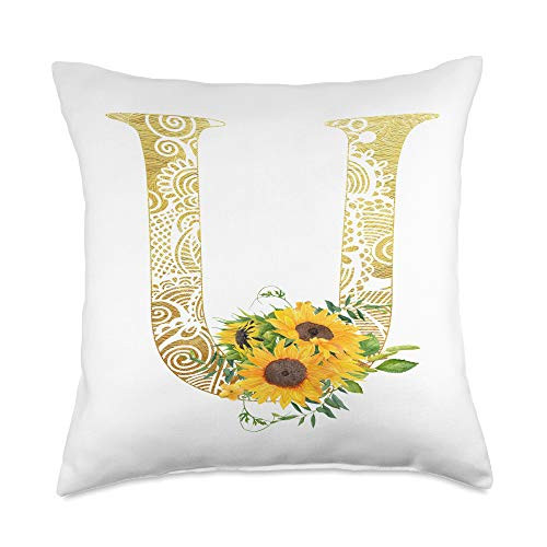 Super Cute Monograms Initials and Letter Gifts Sunflower Letter U Monogram Initial Alphabet Decor Fashion Throw Pillow 18x18 Multicolor