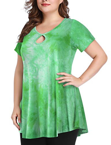 MONNURO Women's Short Sleeve Plus Size Tie Dye Shirts Casual Loose Summer Keyhole Sexy Tunic Tops for Leggings-Green2X-