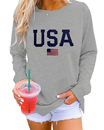 Dressmine Women's Casual Rainbow USA Letter Printed Long Sleeve Crew Neck Sweatshirt Pullover Tops Graphic Tee Shirts Grey Medium