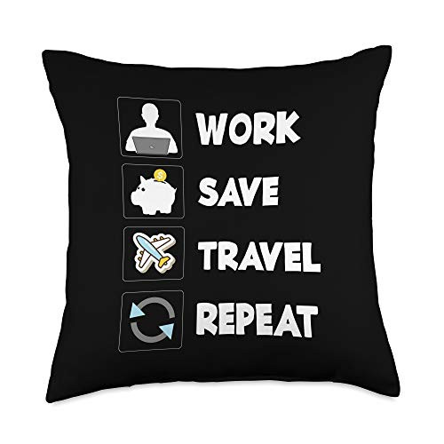 Travelling Enthusiast Funny Travel Gift Work Sleep Repeat Funny Traveling Enthusiast Apparel Throw Pillow 18x18 Multicolor