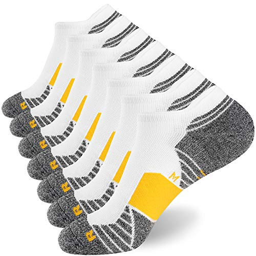 WANDER Men's Athletic Running Socks 7 Pairs Thick Cushion Ankle Socks for Men Sport Low Cut Socks 6-9-10-12 -7 Pairs White Yellow Shoe Size- 12-14-