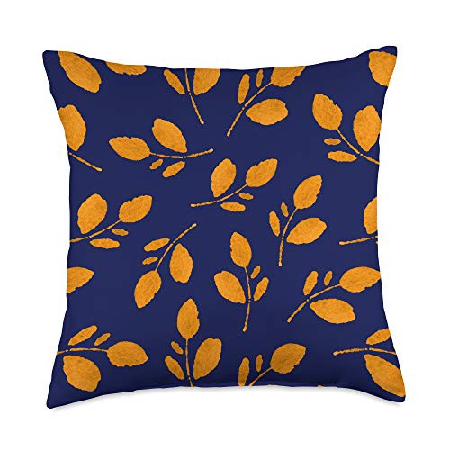 Pretty Botanical Leaf Designs Navy Blue and Mustard Yellow Leaf Botanical Pattern Throw Pillow 18x18 Multicolor