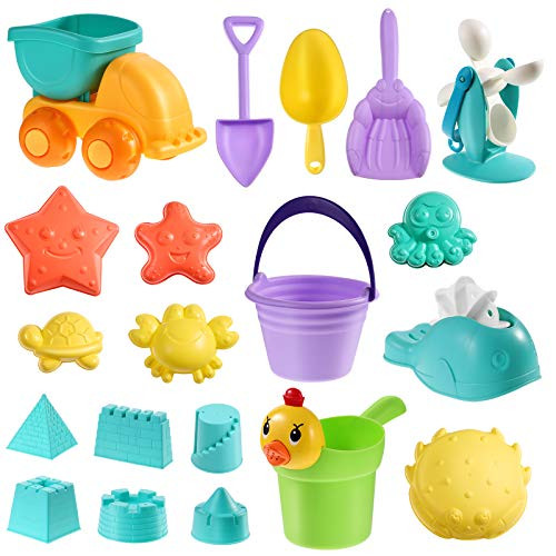 Toyvian 20pcs Beach Toys and Sand Toys Set for Kids Sandbox Toys with Sand Water Wheel Sandbox Vehicle Beach Bucket Sand Molds Sand Shovel Tool Kits Outdoor Beach Sand Toys