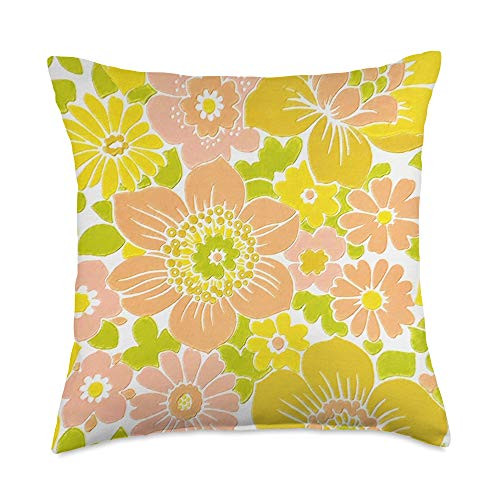 Retro Home Decor Gifts 70's Floral Sunshine Yellow Avocado Green Throw Pillow 18x18 Multicolor