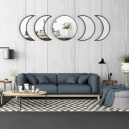 Crescent Moon Mirror 5 Pcs Decorative Mirror Glass Mirror Moon Phase Mirror Set Moon Phase Wall Decor Bohemian Home Decor for Any Interior Living Room Apartment Home Or Bedroom -5 Sets-