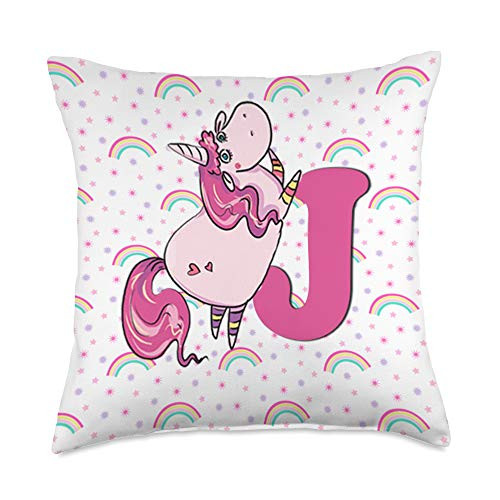 Cute Monogram Initials Name Accessories Gifts Unicorn Letter J Rainbow Monogram J Initial Girls Gift Throw Pillow 18x18 Multicolor