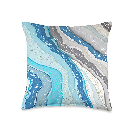 Abstract Art Paint Brush Pattern Decorative Gift Liquid Swirl Abstract Gray Blue Turquoise  and  white Pattern Throw Pillow 16x16 Multicolor
