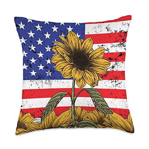 Sunflowers Sunshine Yellow Flowers Florist Gifts Patriotic Sunshine USA Flag 4th Of July Gift Sunflower Throw Pillow 18x18 Multicolor