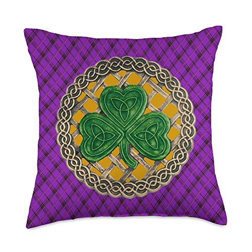 Atteestude Shamrock Celtic Knots With Yellow Background On Purple Plaid Throw Pillow 18x18 Multicolor