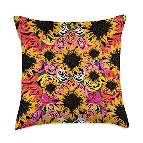 Sunflowers Sunshine Yellow Flowers Florist Gifts Vintage Flowers Nature Floral Roses Sunflower Throw Pillow 18x18 Multicolor
