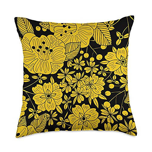Marcimo Brands Yellow  and  Black Flower Vintage Retro Floral Throw Pillow 18x18 Multicolor