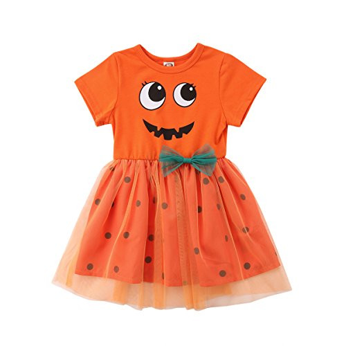Toddler Baby Girl Halloween Clothes Pumpkin Short Sleeve Princess Dress Lace Tutu Skirt Outfits -Orange 2-3 Years-
