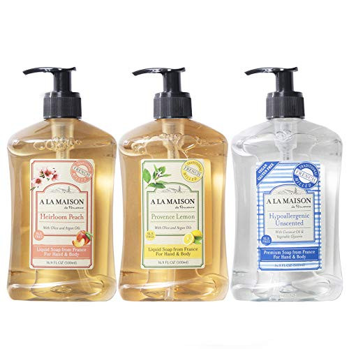 A La Maison Liquid Soap Heirloom Peach Provence Lemon and Hypoallergenic Unscented 16.9 Oz Each A La Maison Liquid Soap Heirloom Peach Provence Lemon and Hypoallergenic Unscented 16.9 Oz Each