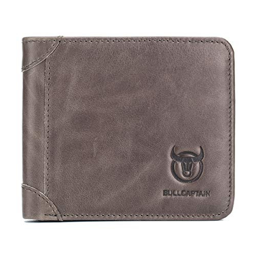 BULLCAPTAIN Slim Bi-fold RFID Blocking Leather Wallet for Men with 10 Credit Card Pockets and Removable Id Window QB031H -Grey-