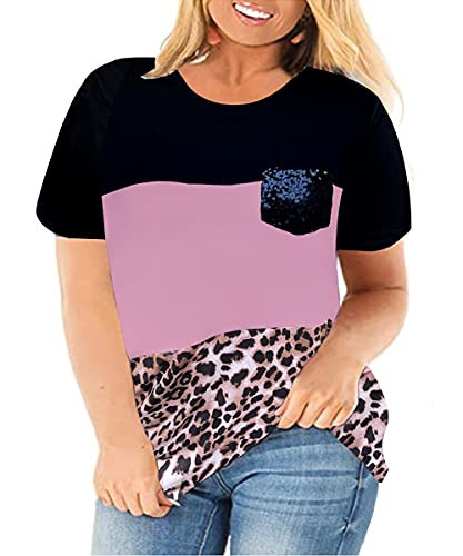 Ritera Plus Size Short Sleeve Tops for Women Leopard Print Color Block Tunic Top Sequin Pocket Tee Summer Sweatshirt Purple Leopard 3XL