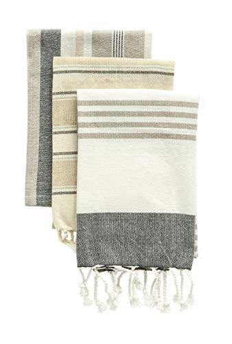 Creative Co-Op Grey  and  Tan Striped Cotton Tea Towels with Tassels -Set of 3- Entertaining Textiles Grey 3 Count