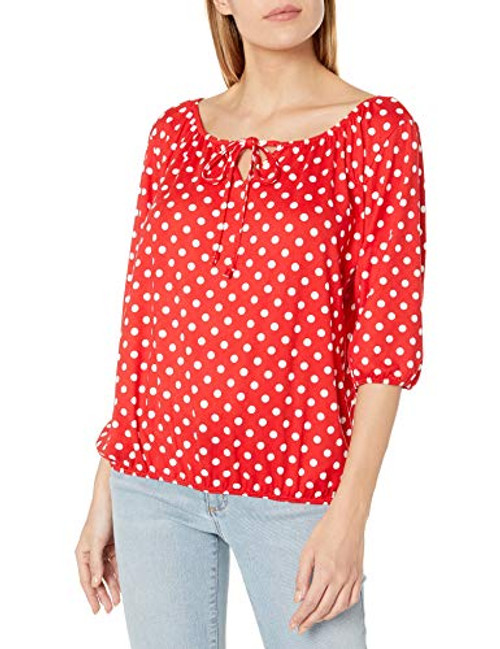 Star Vixen Women's 3-4 Sleeve Peasant Top with Keyhole Tie and Elastic Bottom Hem Red Dot M