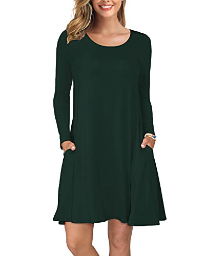 KORSIS Women Long Sleeve Tops T-Shirt Dress Round Neck Casual Loose Dress DarkGreen 3XL