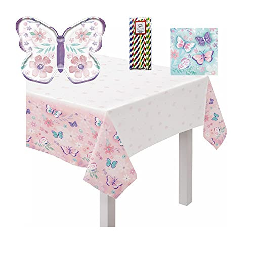 Amscan Flutter Butterfly Birthday Party Tableware Kit Napkins Plates Tablecover Bundle 16 Guests
