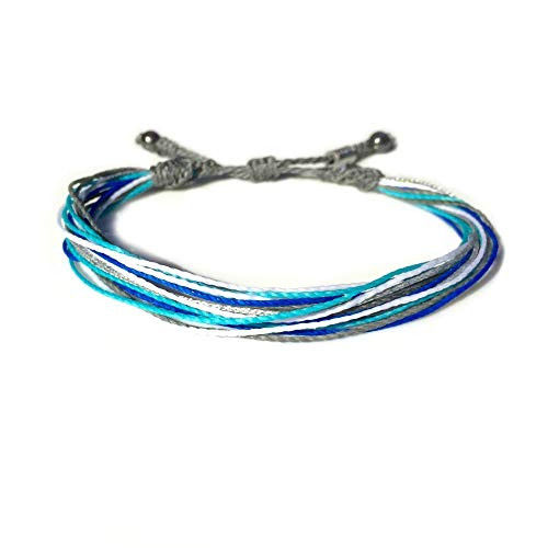 RUMI SUMAQ Unisex String Surf Bracelet with Hematite Stones in Grey Aqua White Royal Blue and Metallic Silver - Handmade Pull Cord Ocean Surfer Bracelet