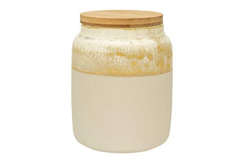 Creative Co-Op Small White Reactive Glaze Ceramic Matte Bottom  and  Bamboo Lid Canister 5"