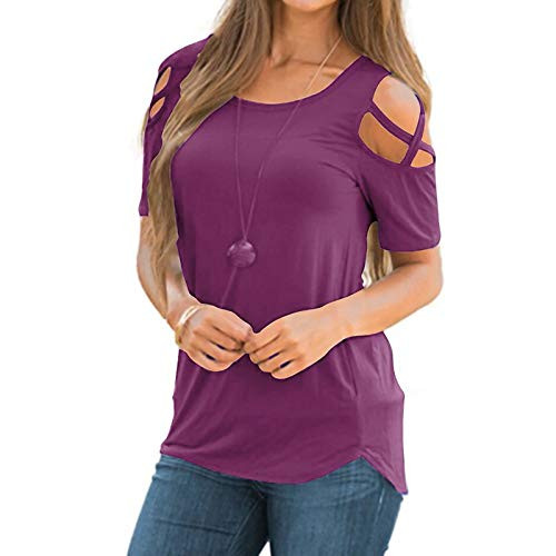 CUCUHAM Women Summer Short Sleeve Strappy Cold Shoulder T-Shirt Tops -XXL Purple- CUCUHAM Women Summer Short Sleeve Strappy Cold Shoulder T-Shirt Tops -XXL Purple-