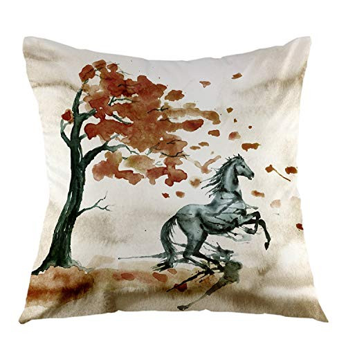 oFloral Horse Throw Pillow Cover Tree Square Cushion Covers Autumn ndscape Pillow Case for Couch Sofa Home Bedroom Living Room 18 x 18 Inch