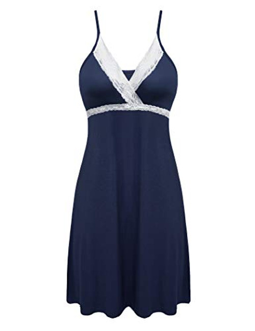 Hotouch Sleepwear Women V Neck Chemise Nightgown Lace Lingerie Full Slip Dress Navy Blue XL