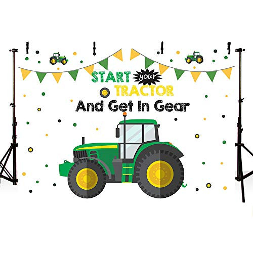 MEHOFOTO Tractor Birthday Party Backdrop Props Boy Happy 1st Birthday Start Tractor and Put It in Gear Photography Green Background Photo Banner for Cake Table Supplies 8x6ft