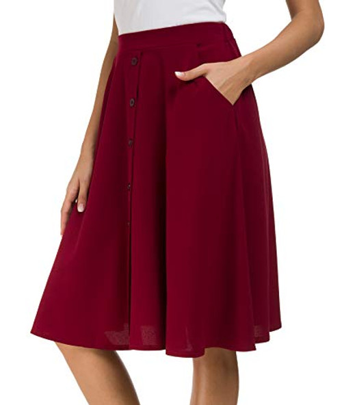 Afibi Women's High Waisted A Line Pleated Midi Skirt Button Front Skirts with Pocket -X-Large Burgundy-