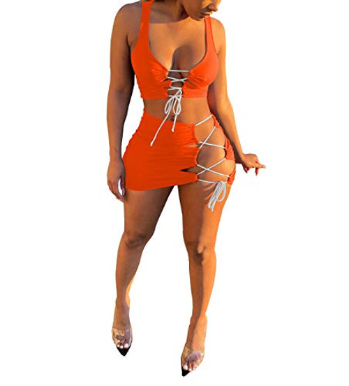 Women Sexy Beach Two Piece Short Set Lace Up Crop Top Bodycon Mini Skirt Swimsuit Set Clubwear Outfits Orange