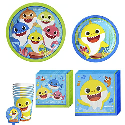 Party City Baby Shark Birthday Party Kit for 8 Guests Party Supplies Includes Tableware Napkins Cups and Candle