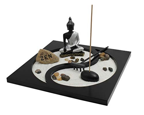 Royal Brands Yin and Yang Zen Garden with Buddha, Rake, Sand and Rock Garden, and Incense Holder  Peace and Tranquility (9"x9"x6")