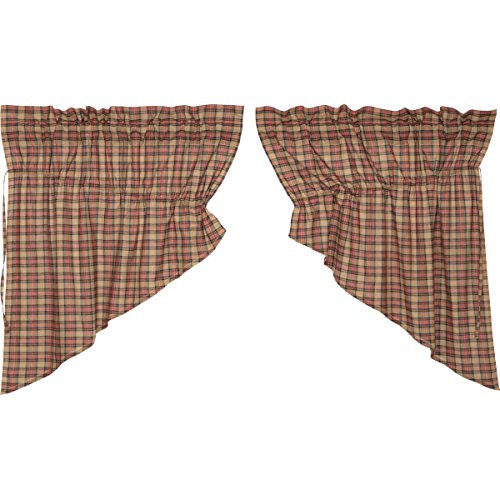 VHC Brands Primitive Kitchen Curtains Cinnamon Rod Pocket Cotton Drawstring Ties Plaid Prairie Swag Pair, Natural Tan VHC Brands Primitive Kitchen Curtains Cinnamon Rod Pocket Cotton Drawstring Ties Plaid Prairie Swag Pair, Natural Tan