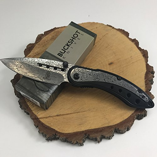 Buckshot Knives Thumb Open Spring Assisted Color Damascus Etched Stainless Steel Handle W/Damascus Etched Blade Pocket Knife (PBK207BK)