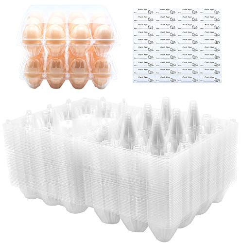 BULKBUY Egg Cartons 40 Packs Clear Eco-friendly Plastic Blank Egg Cartons with Free Labels Holds up to 12 Eggs Securely Perfect for Family Pasture Farm Markets Display - Medium