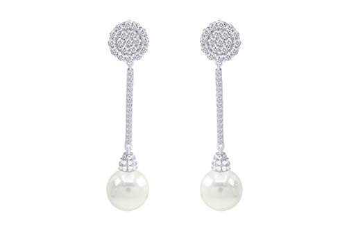 Sparkling Cubic Zirconia  and  9mm Simulated Freshwater Culture Pearl Bar Drop Earrings 14K Gold Over Sterling Silver