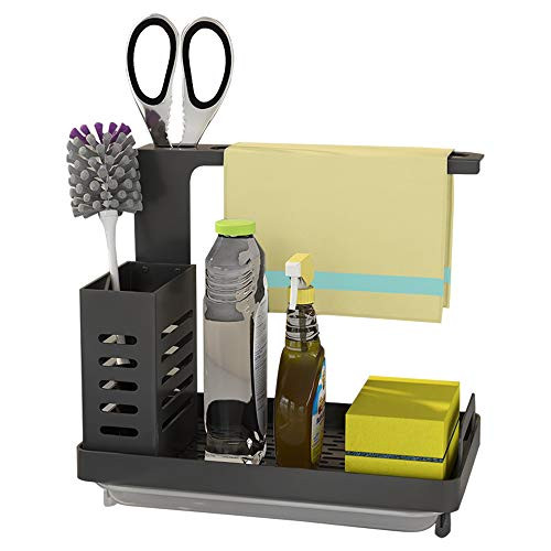 Kitchen Sink Caddy Organizer Sponge Soap Brushes Dispenser Holder with Rag Rack Suction Cups Dishcloth Holder with Drain Pan Countertop Wall Mounted Kitchenware Stainless Steel Rustproof -Black-