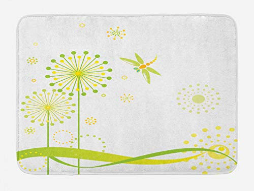 Ambesonne Dragonfly Bath Mat Spring Theme with Dandelion Flowers Happiness Hope Summer Design Plush Bathroom Decor Mat with Non Slip Backing 29.5" X 17.5" Lime and Apple Green