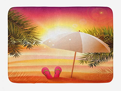 Ambesonne Orange Bath Mat Sunset at The Beach with Flip Flops Umbrella and Palm Trees Illustration Plush Bathroom Decor Mat with Non Slip Backing 29.5" X 17.5" Orange and Yellow